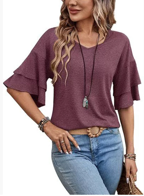 Loose V-neck Ruffle Sleeve T-shirt Fashion Solid Mid-sleeve Tops