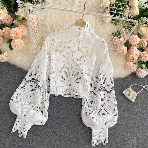 Design Sense Lace Hollow Top Stand-up Collar Puff Sleeve Loose Shirt for Thin Women