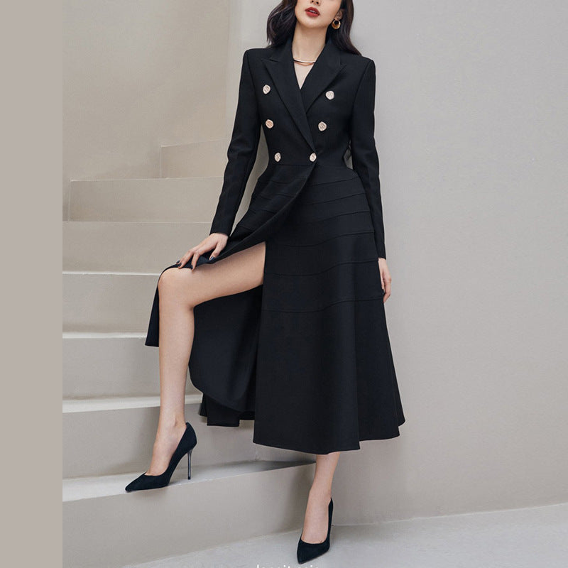 Women's Black Long Sleeve Rhinestone Buttons Split Waist Fitted Slimming Large Hem Dress