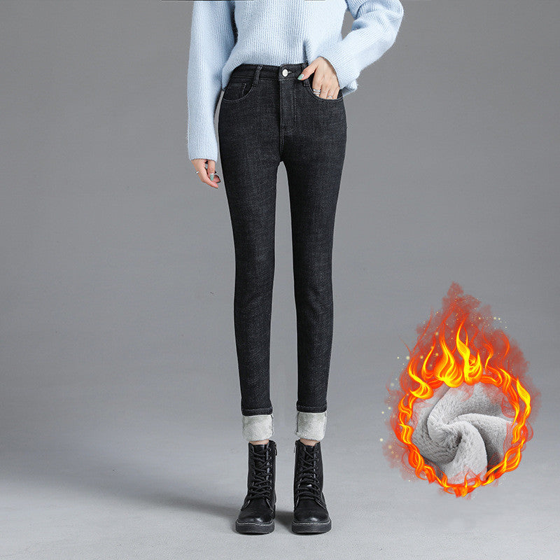 Plush Padded Jeans Women's Winter High-waisted Feet