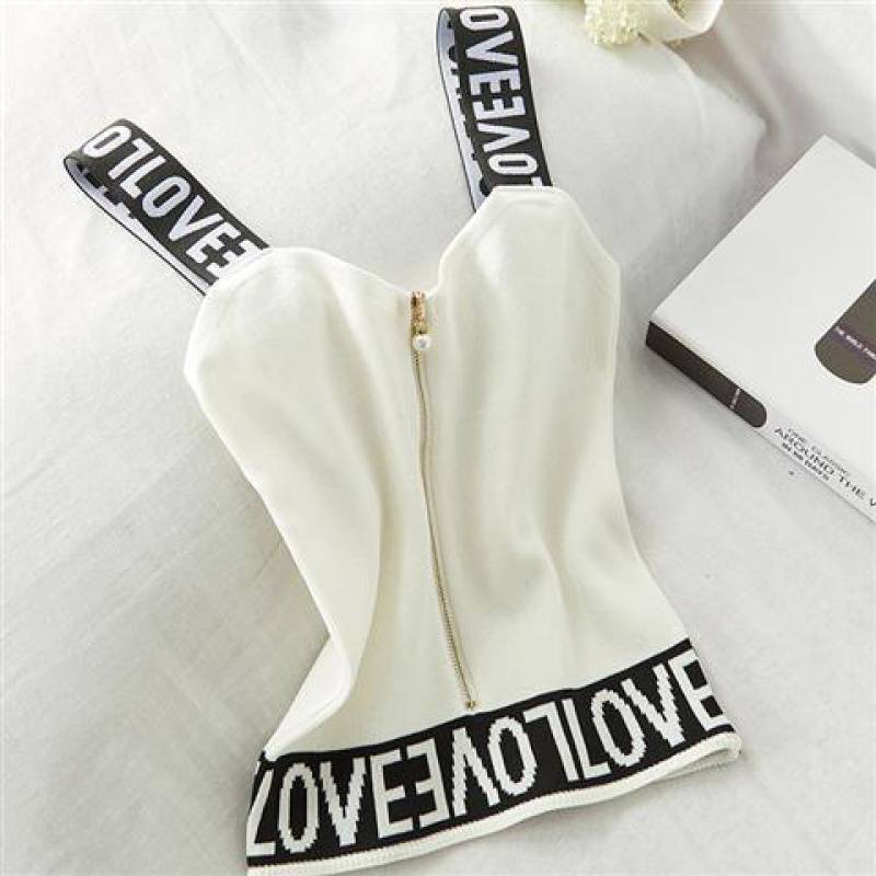 Short English Letter Knit Halter Pearl Zipper Small Vest