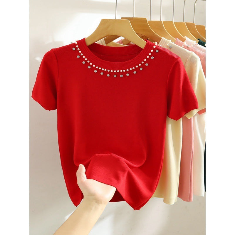 White Shoulder Short-sleeved T-shirt Heavy Industry Beads Knitted Short Top