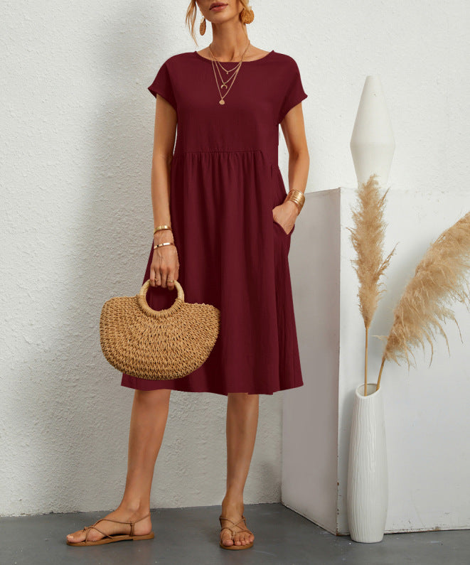 Summer Short-sleeved Dress With Pockets