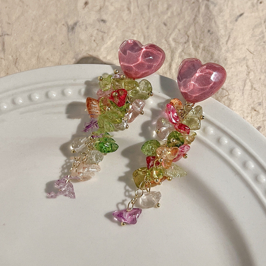 Handmade Sweet Glass Crystal Silver Pin Mixed Color Long Tassel Earrings