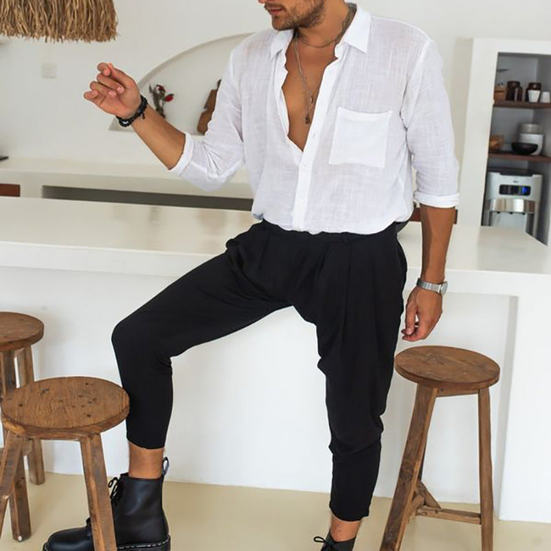 Cotton And Linen Style Men's Clothing Shirt