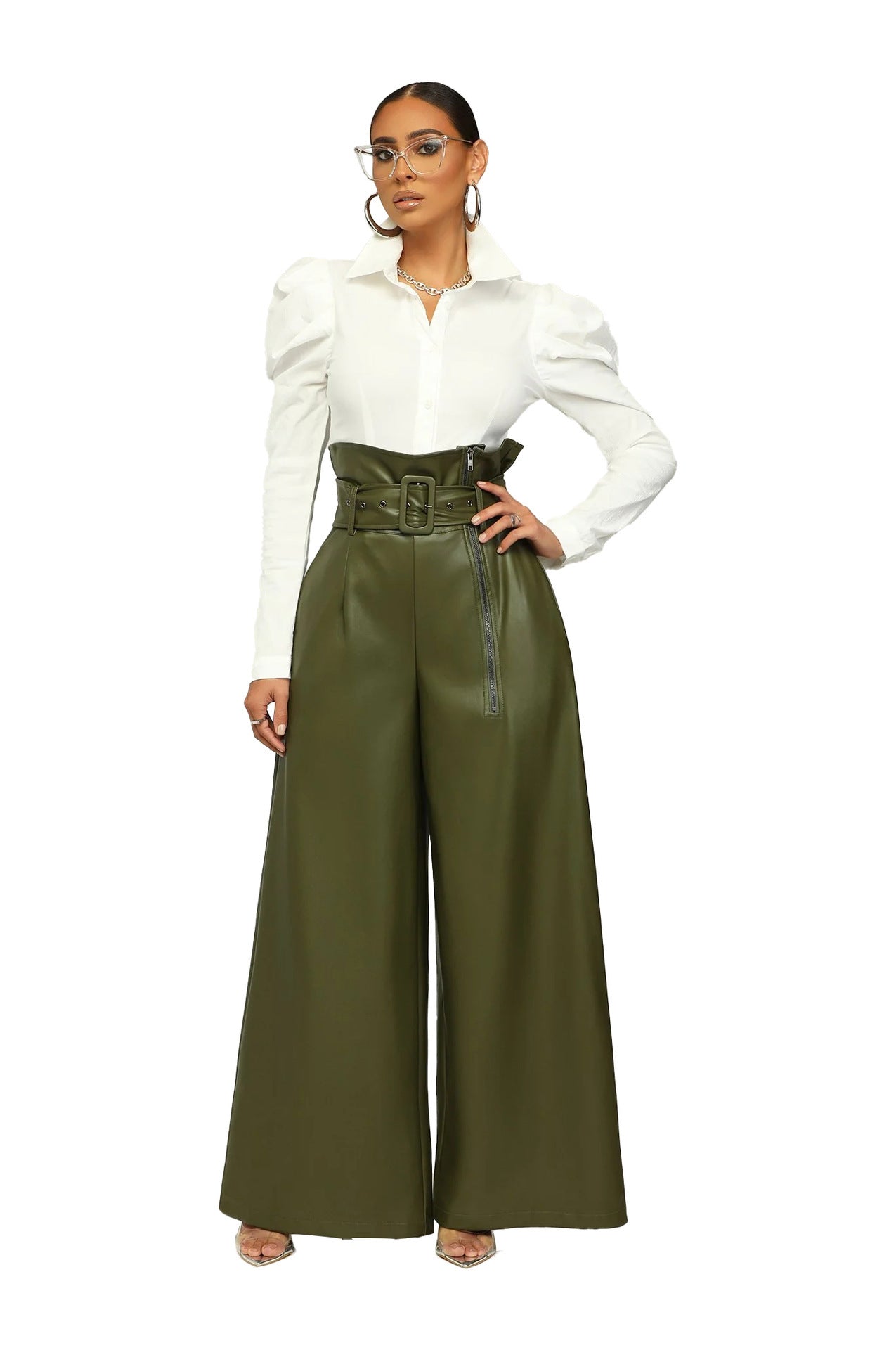 High Waist PU Leather Pants Metal Belt Wide Leg Trousers