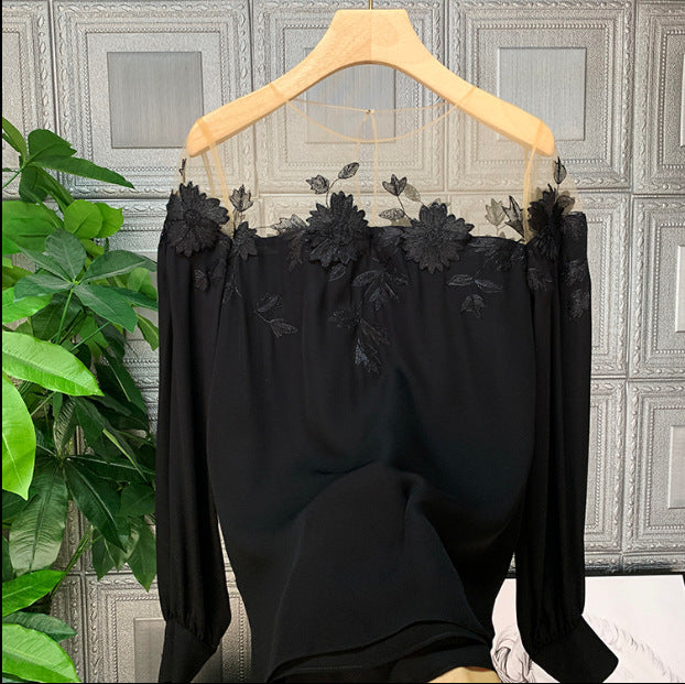 Ladies Long Sleeve Top Elegant Top White Black Retro