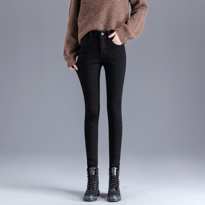 Plush Padded Jeans Women's Winter High-waisted Feet