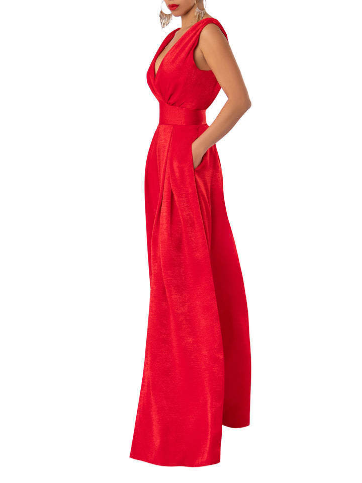 Solid Color And V-neck High Waist Wide Leg Jumpsuit