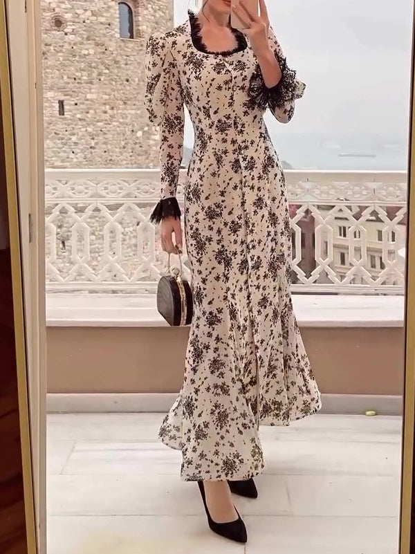 Elegant Print Lace Button Dress