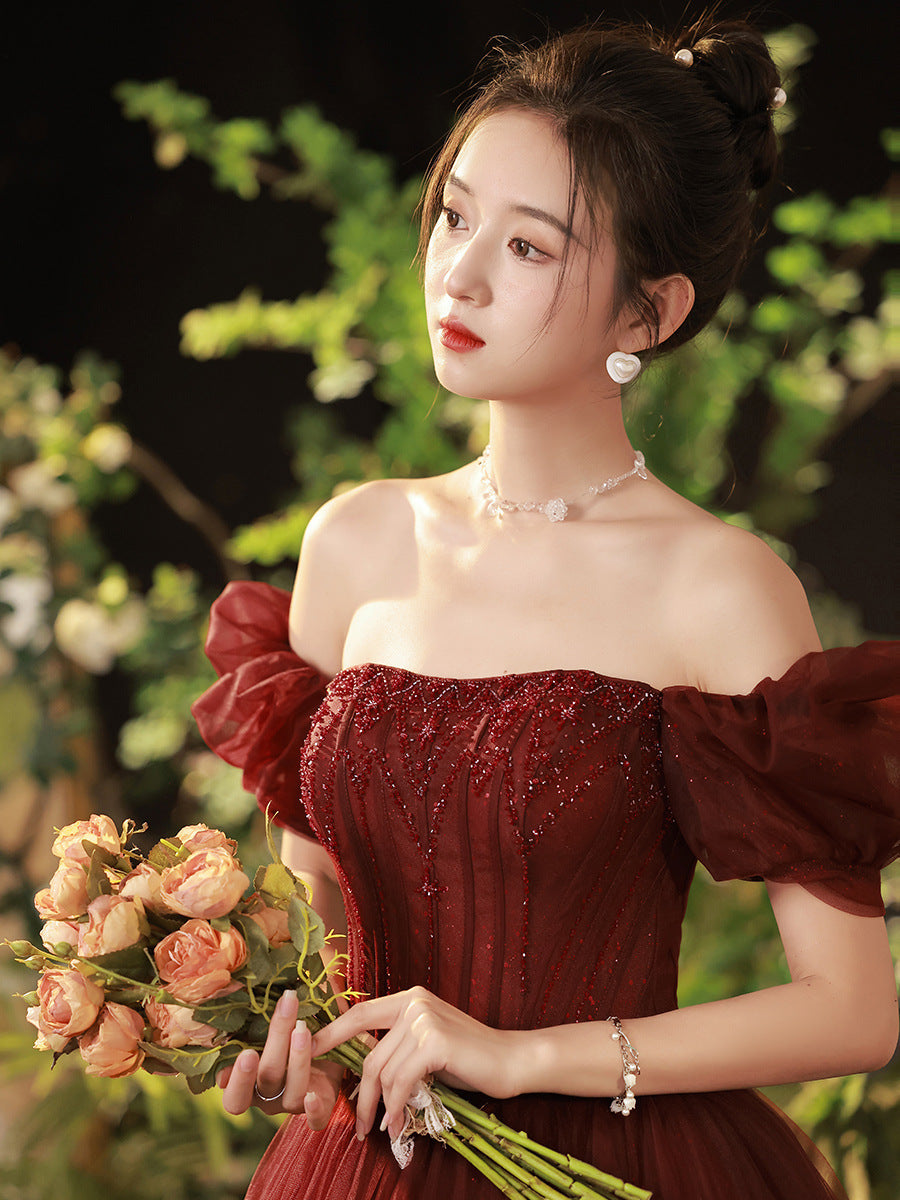 High-end Luxury Small Number Wine Red, One-shoulder Engagement Dress