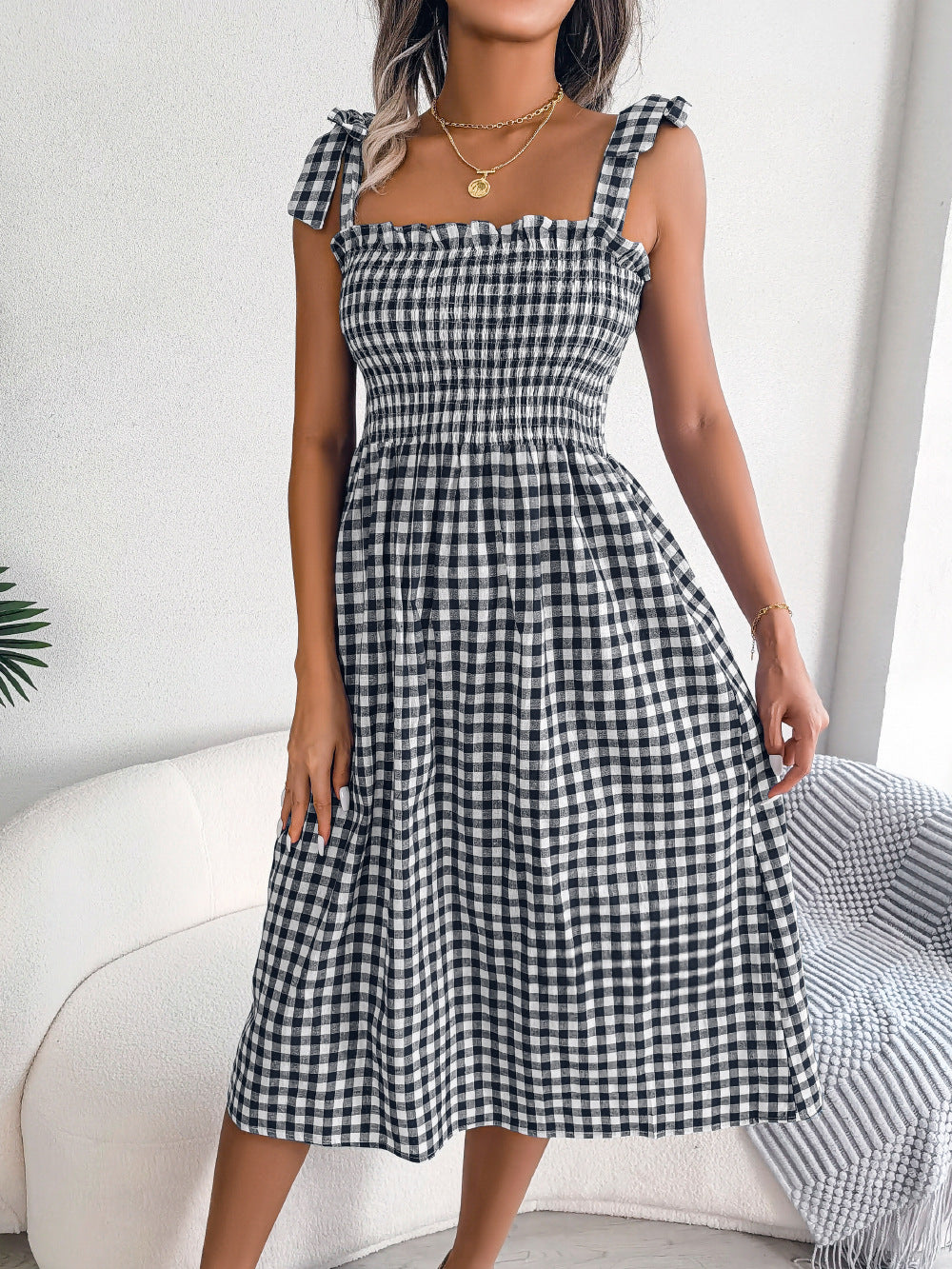 Casual Lace Up Color-contrast Check Skirt Mid-length Dress
