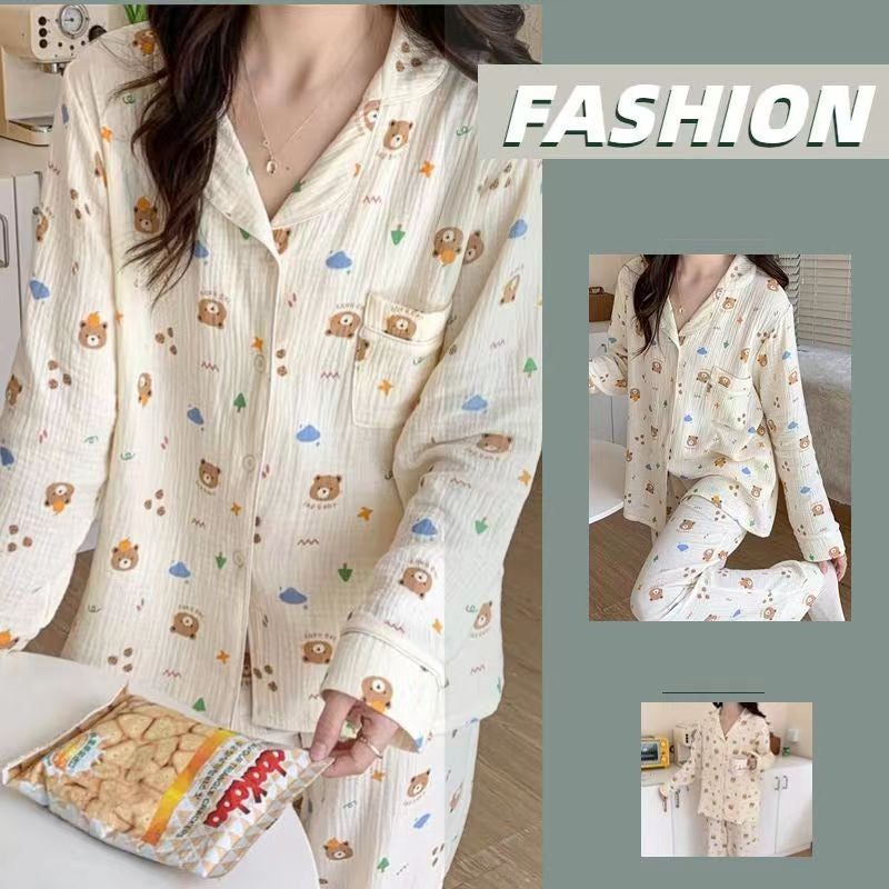 Pyjama bébé en coton, cardigan fin à manches longues imprimé ours, tenue d'intérieur pour petite fille