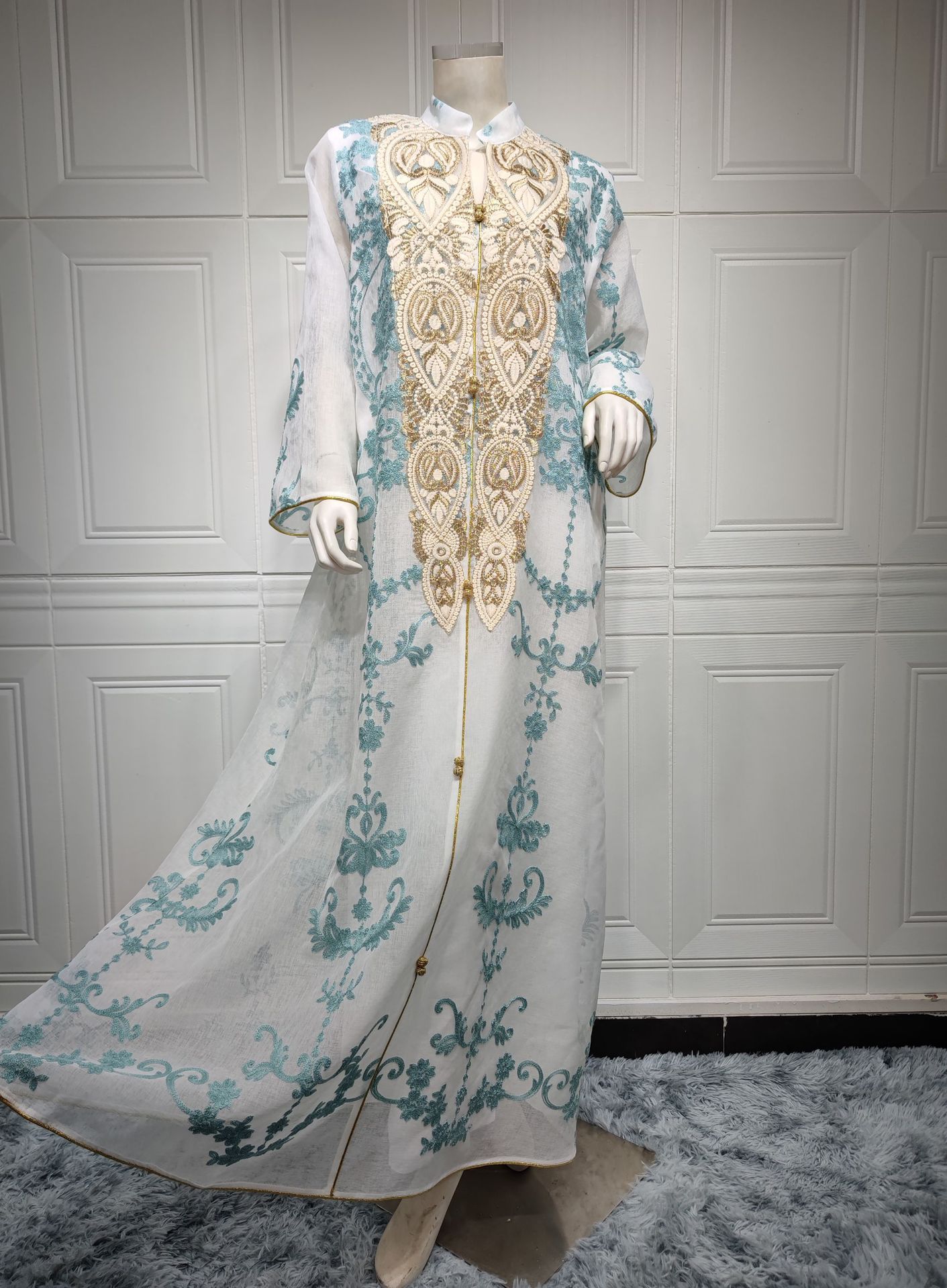Arabian Women's Casual Embroidered Dress in White, Blue & Apricot