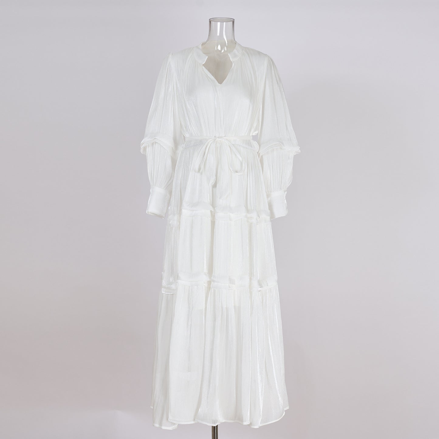 V-neck Lantern Sleeve Fitted Waist Pleated Long Silk Dress
