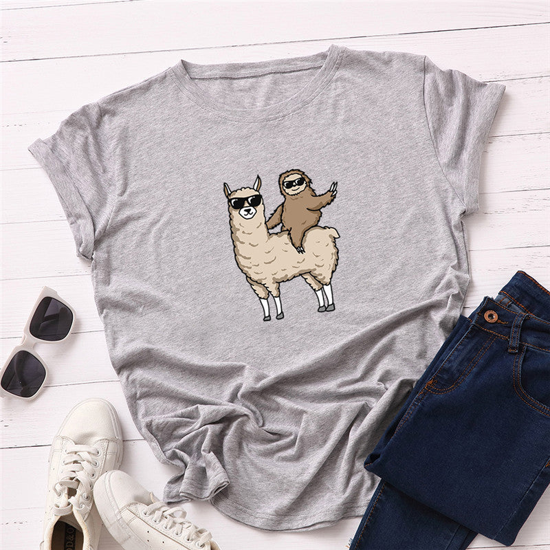 Sloth Riding Goat Sunglasses Printing Cool European And American Top T-shirt Short Sleeve