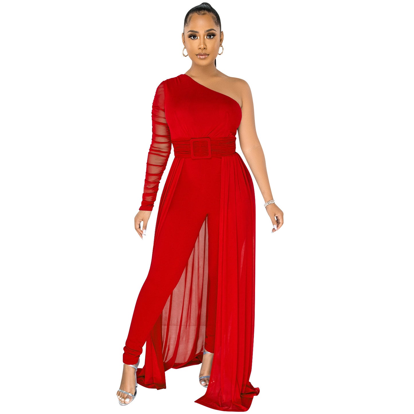 Pure Color Mesh See-through One Shoulder Long Sleeve Jumpsuit