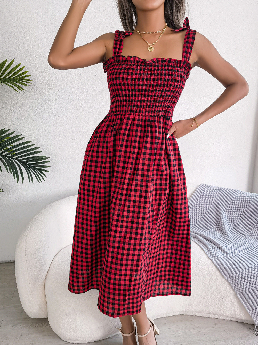 Casual Lace Up Color-contrast Check Skirt Mid-length Dress
