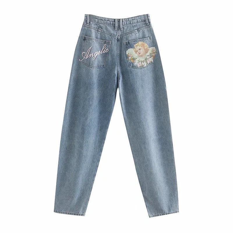 American High Waist Angel Print Jeans Retro Loose