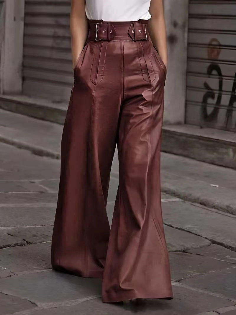 High Waist PU Leather Casual Trousers with Pockets