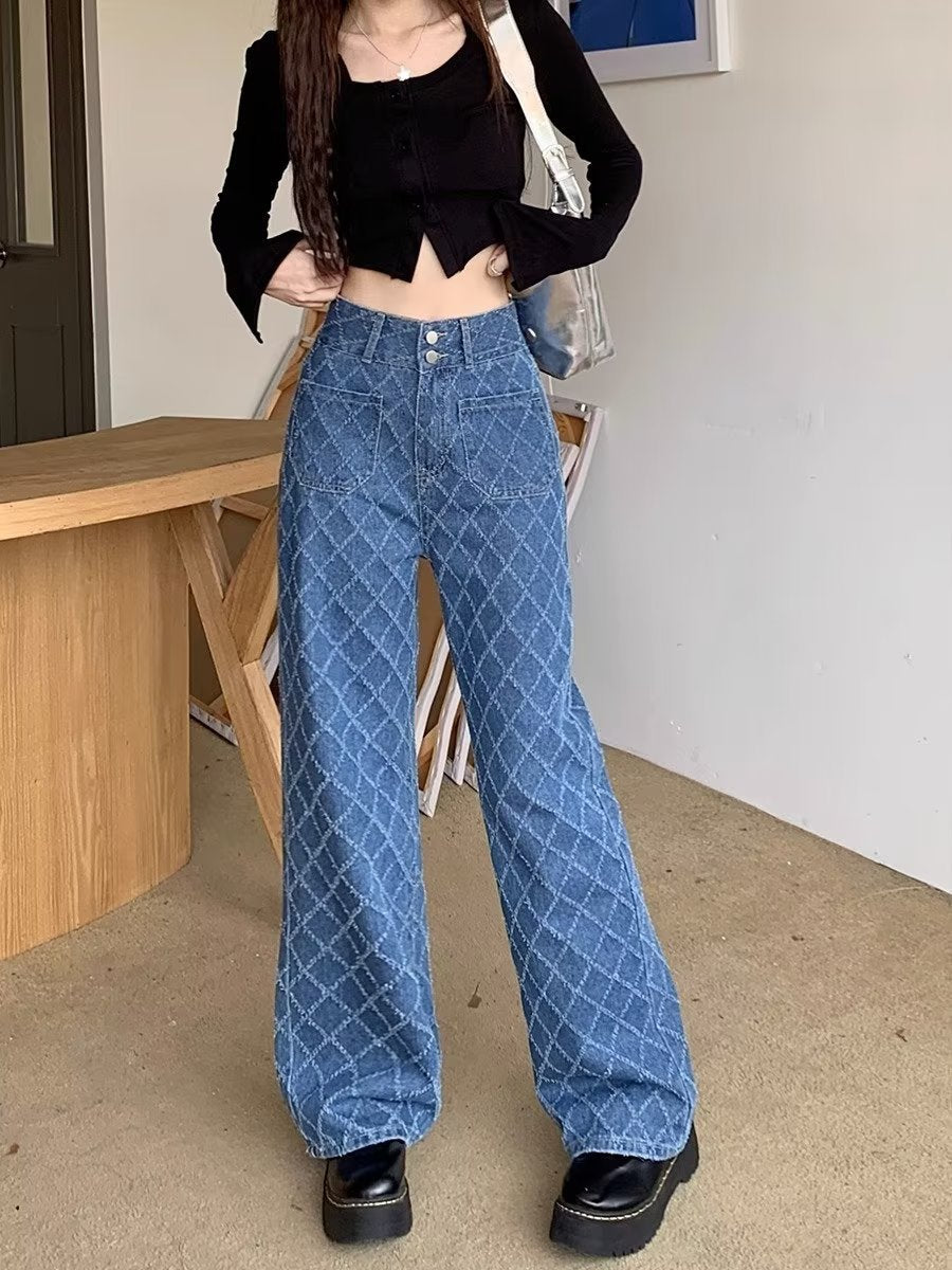 Summer Ladies New Loose Drooping Slimming Jacquard Design Straight-leg Denim Trousers