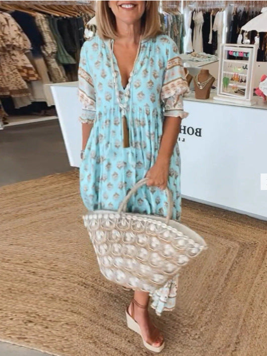 Summer Bohemian Print Lantern-Sleeved Dress Fashion