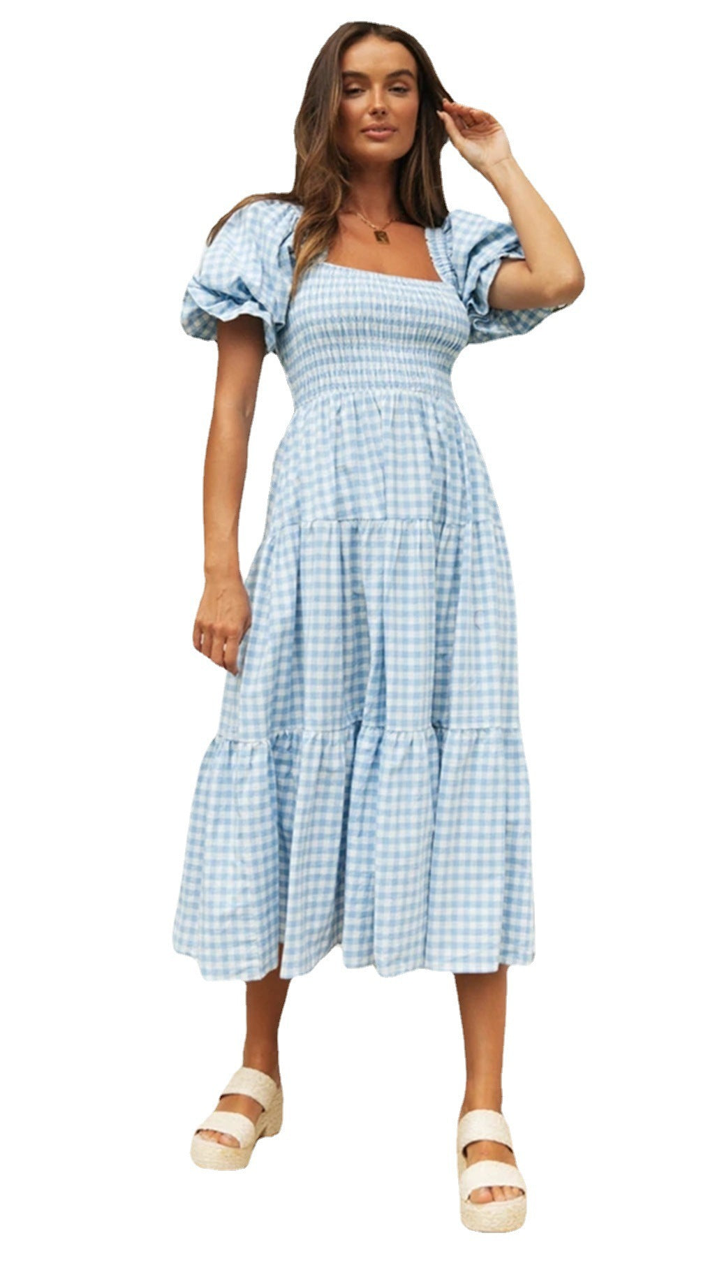 Plaid Dress Square Collar Puff Sleeve High Waist