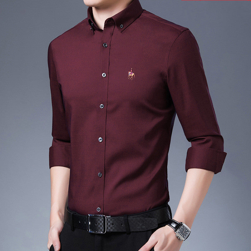 Men's Long-sleeved Bamboo Fiber Solid Color Fine Grid Stretch Business Slim Shirt