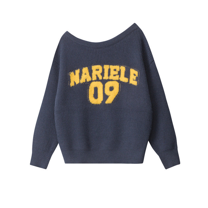 Women's American-style Letter Sweater Loose Off-the-shoulder Pullover