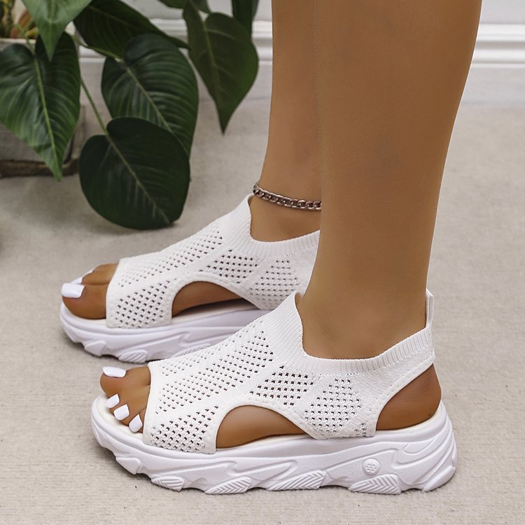 Summer Sandalas Elastic Slip-on Peep Toe Wedge Fly Woven Mesh Casual Shoes