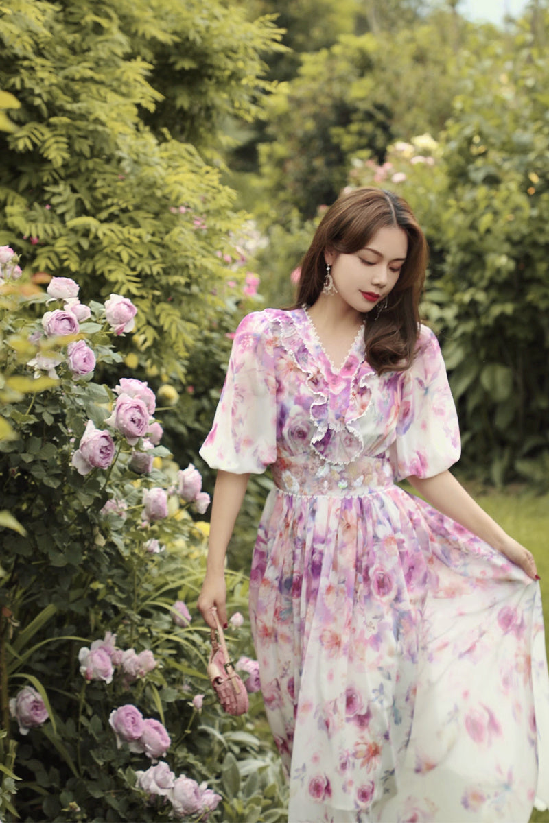 French Heavy Industry Bead Printing Waist V Neck Dress Women's Summer