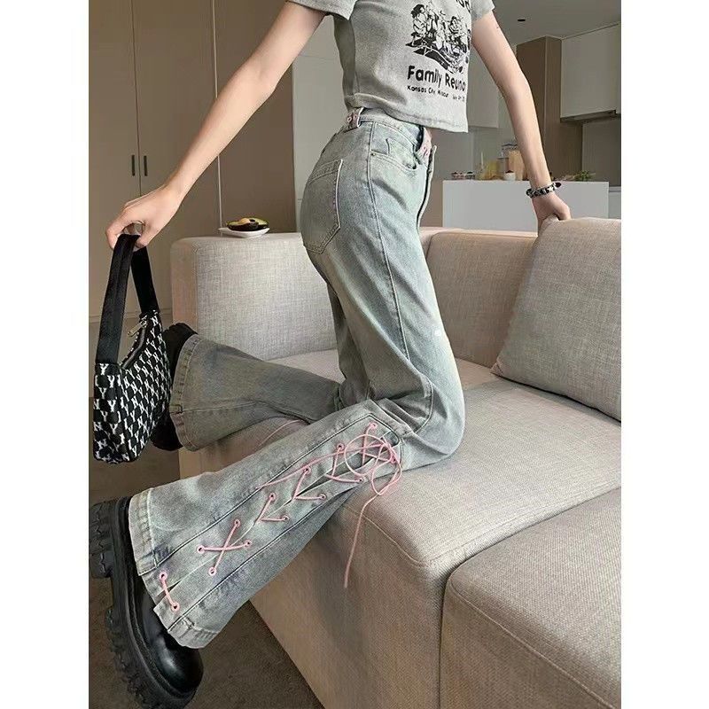 Summer High Waist Lace-up Design Sense Niche Slit Flared Pants