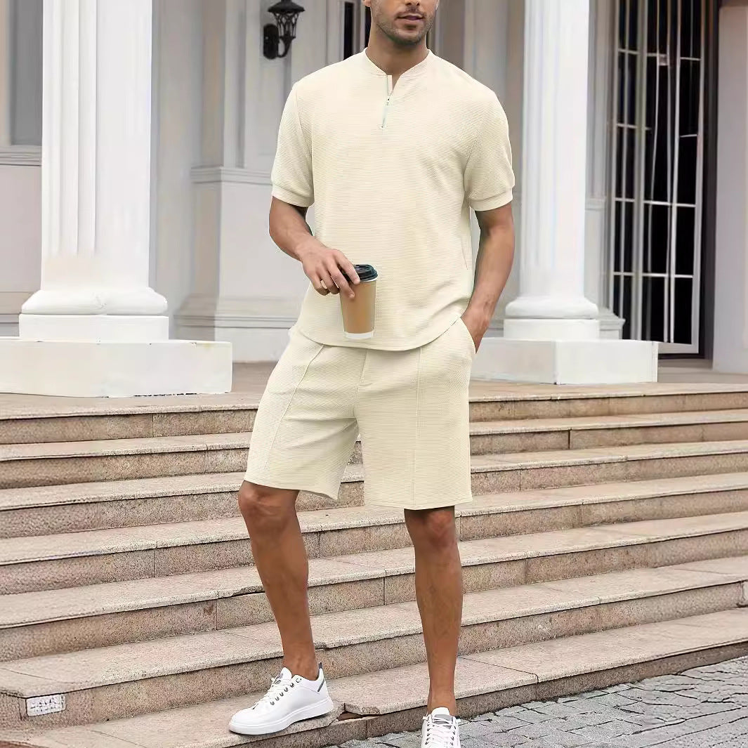 Waffle Stand Collar Zipper Short Sleeve Trousers Suit Men
