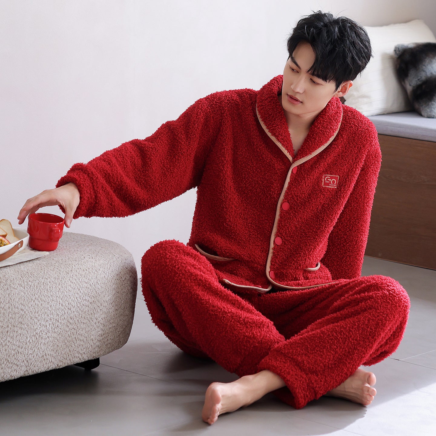 Ensemble pyjama de couple en flanelle épaisse et chaude à manches longues et polaire corail