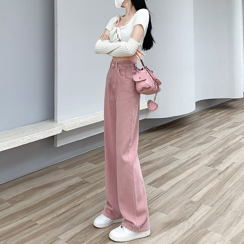 Dirty Pink Wide Leg Denim Women's High Waist Slimming Loose Straight Mop Pants