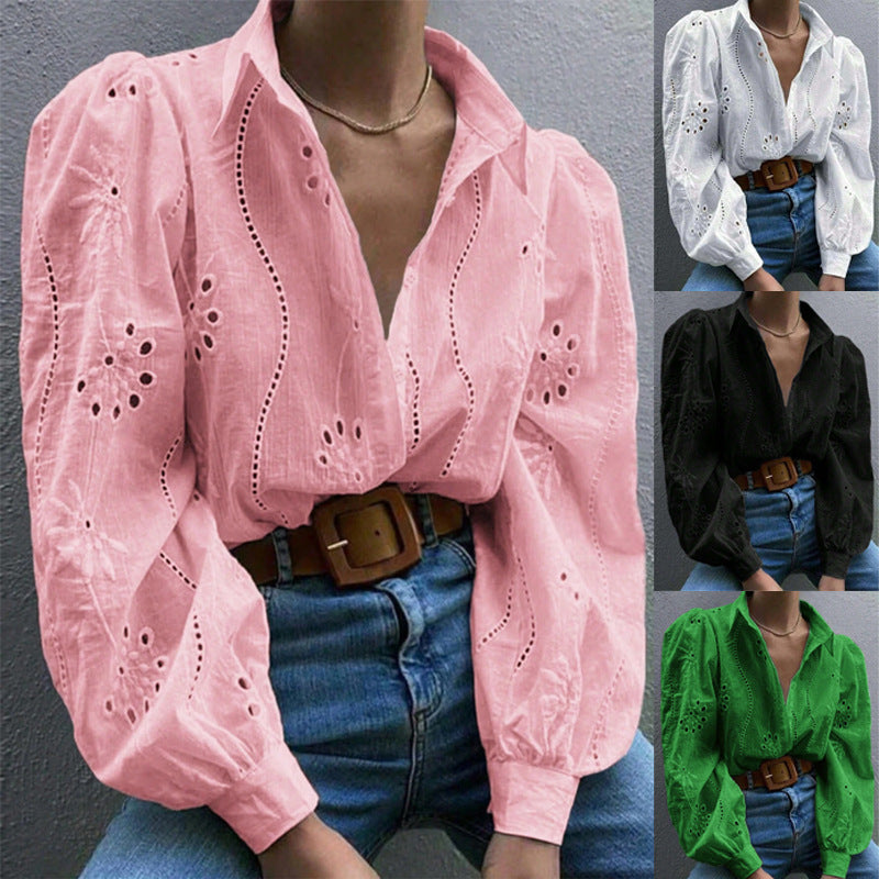 Women's Single-breasted Embroidered Long-sleeved Lapel Shirt