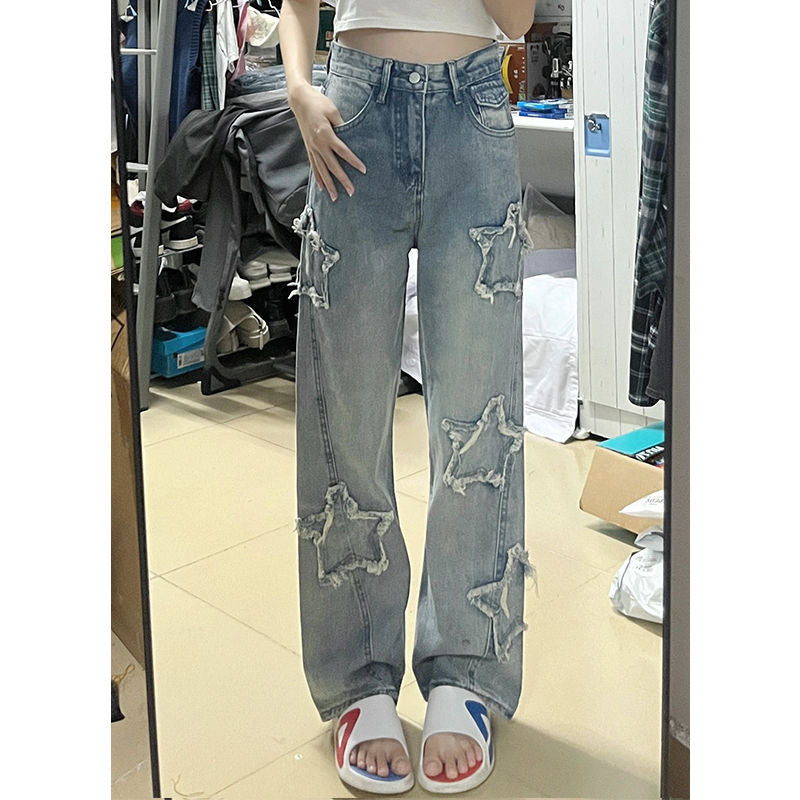 Jean bleu brodé XINGX pour femme, coupe ample, jambes droites, jambes larges