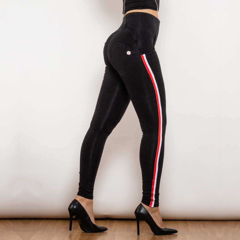 Shascullfites Melody Women's Black Stretch Pencil Jeans Butt Lift Striped Detailing Slim Fit Denim Jeggings