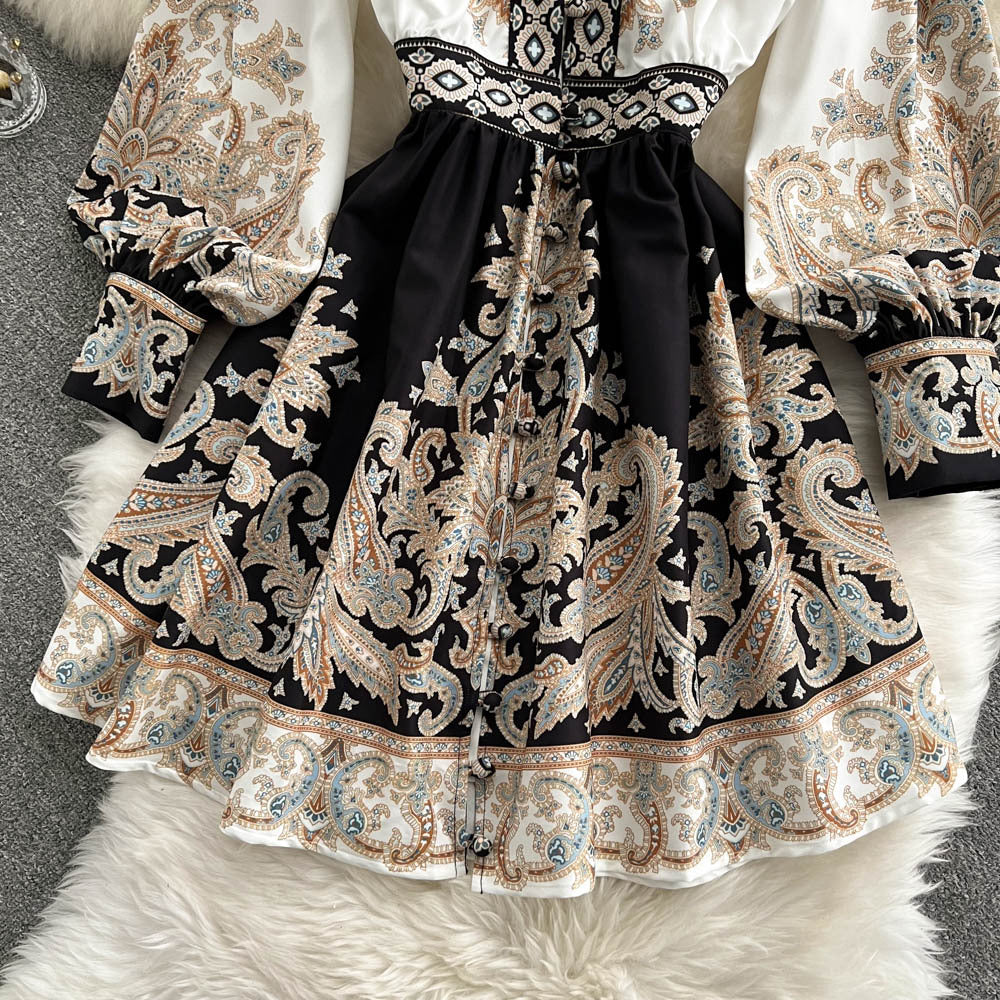 Women's V-neck Lantern Sleeve Printed Dress