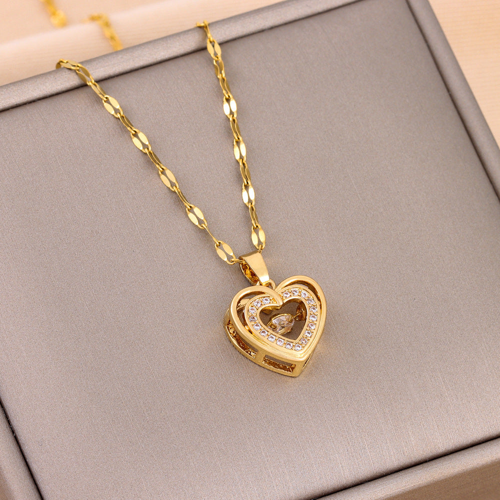 Double-layer Love Necklace With Rhinestones Titanium Steel Pendant Fashion Jewelry for ladies