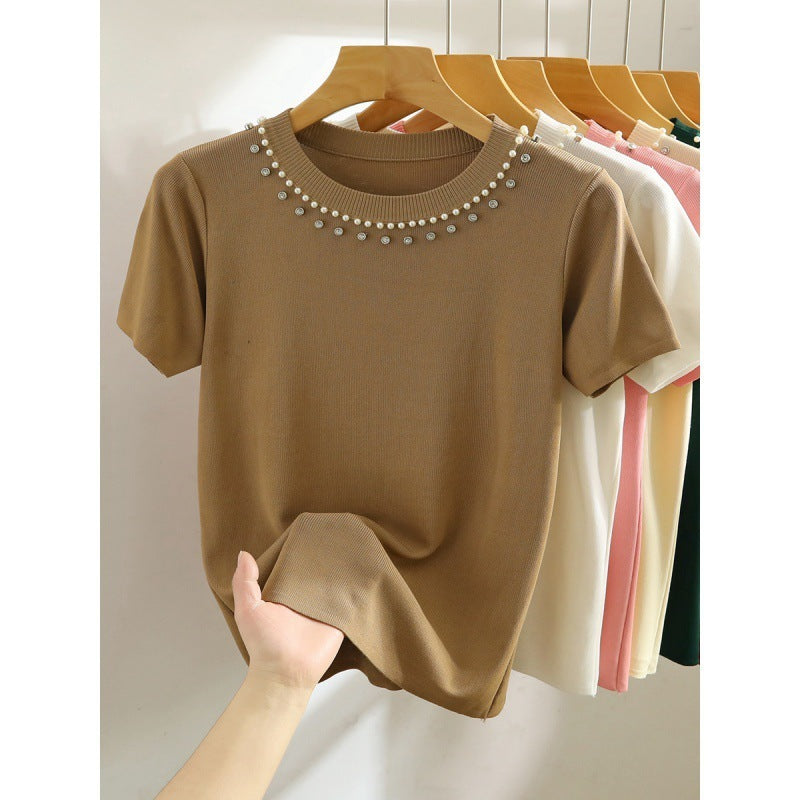 White Shoulder Short-sleeved T-shirt Heavy Industry Beads Knitted Short Top