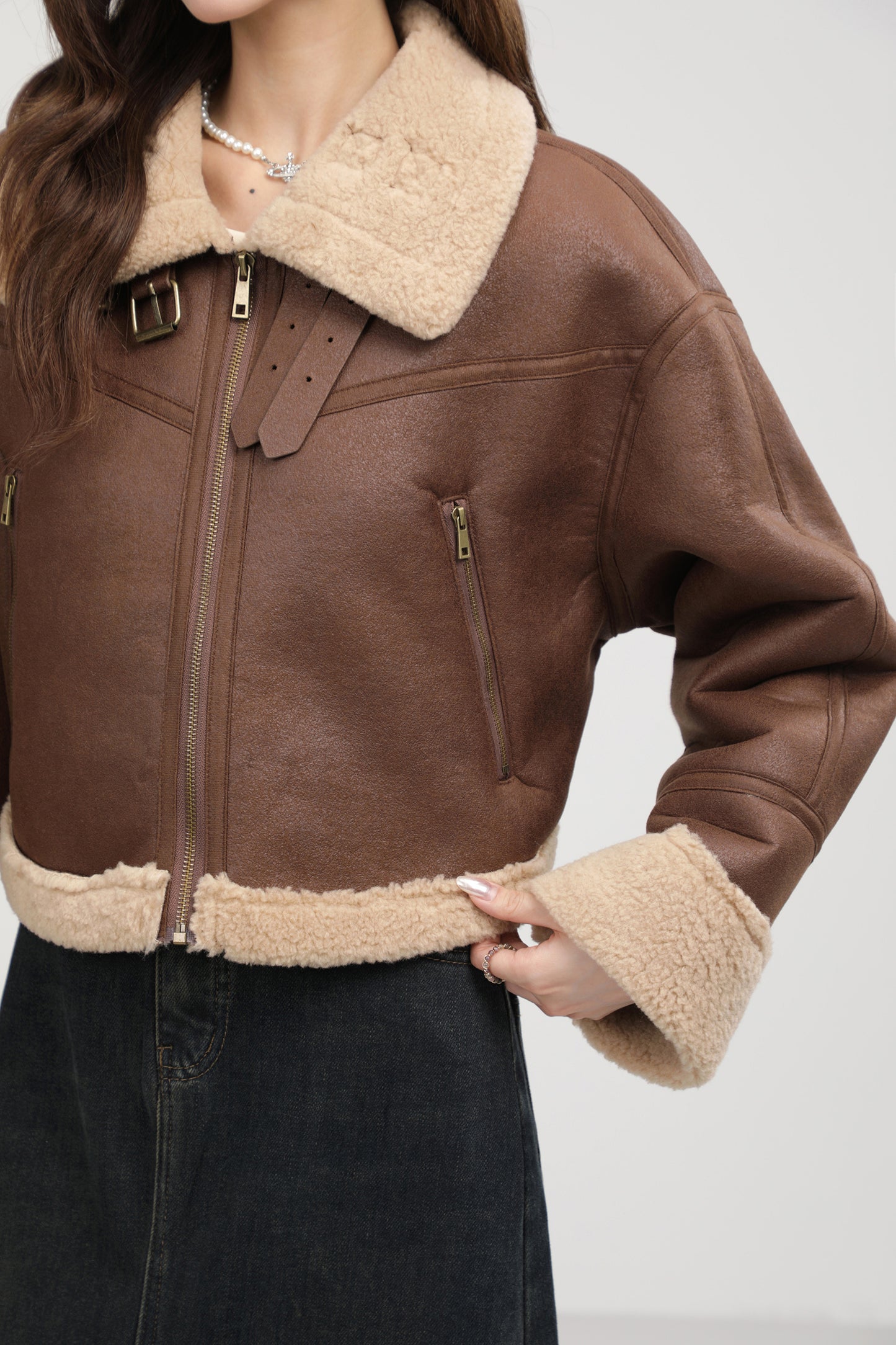 Stand Collar Integrated Lamb Fur Short Coat in Black & Coffee with Zipper Closure