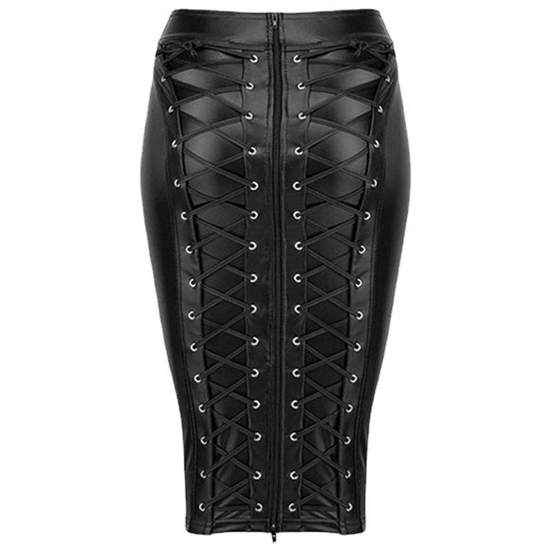 High-waisted PU patent leather hip skirt