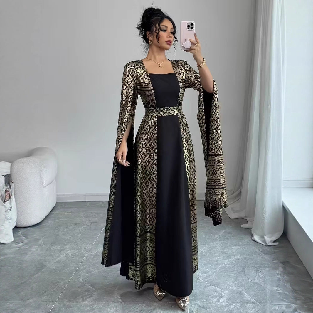 Elegant Arabian Womens Casual Long-sleeve Flared Dress