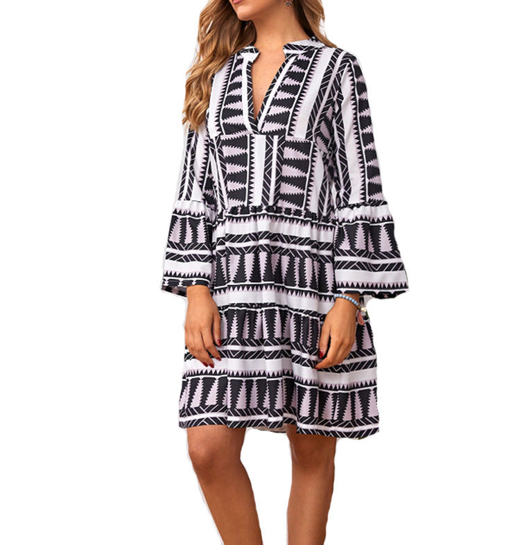 Geometric Print V-neck Casual Dress