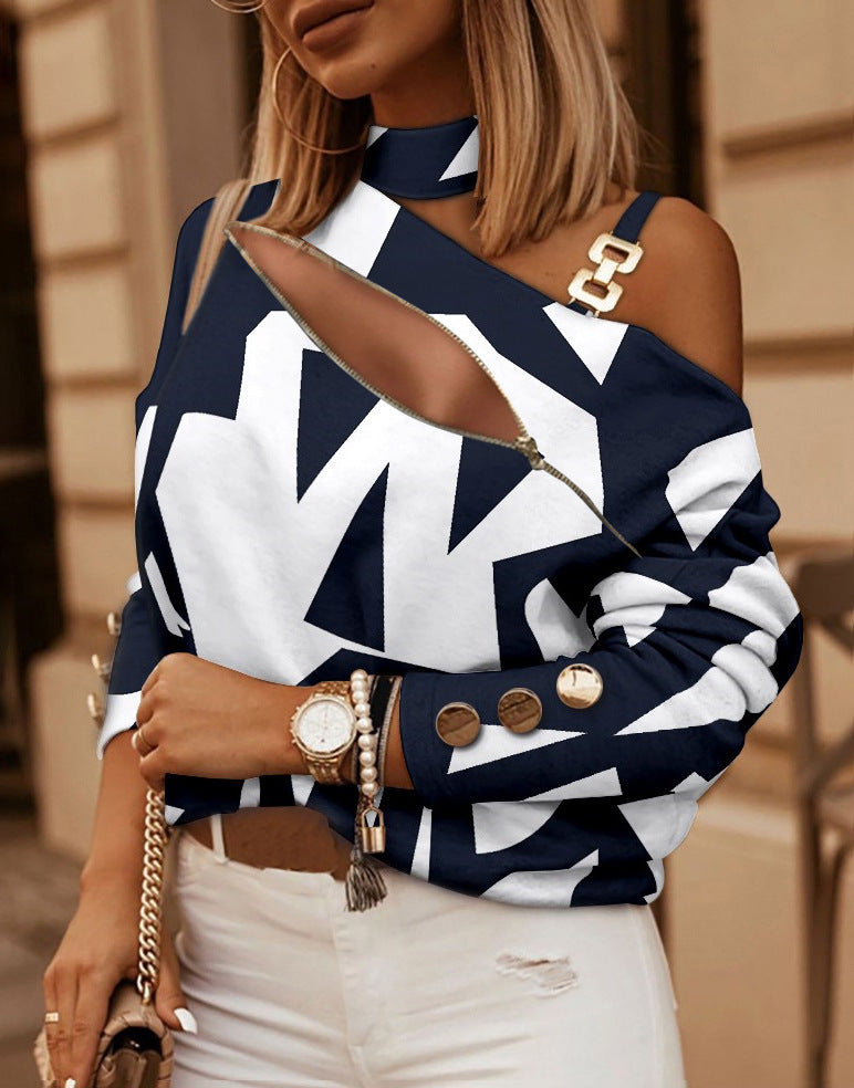 Women's Long-sleeved Chain On Neck Printed Top