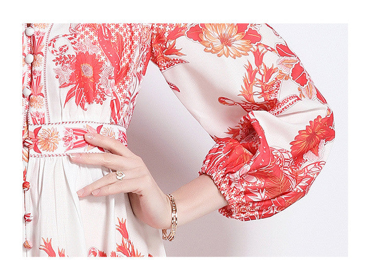 Women's Elegant Retro Print Lantern Sleeve Neck Waist Dress