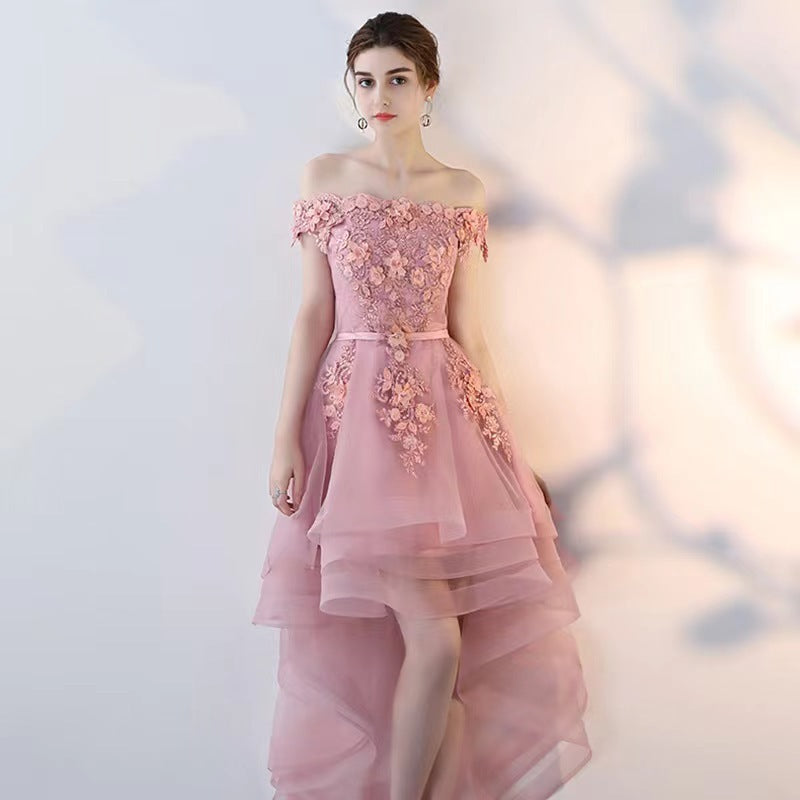 One-shoulder Swallowtail Bean Paste Color Dress With Short Front And Long Back