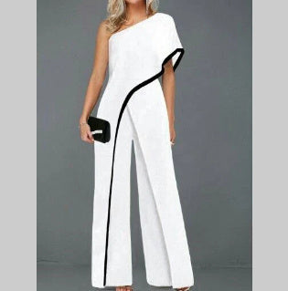 New One-shoulder Contrast Color Sexy Wide-leg Jumpsuit