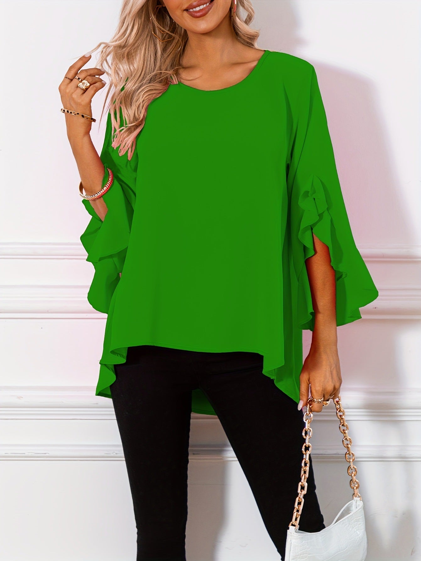 Solid Color Round Neck Shoulder Ruffle Sleeve Top
